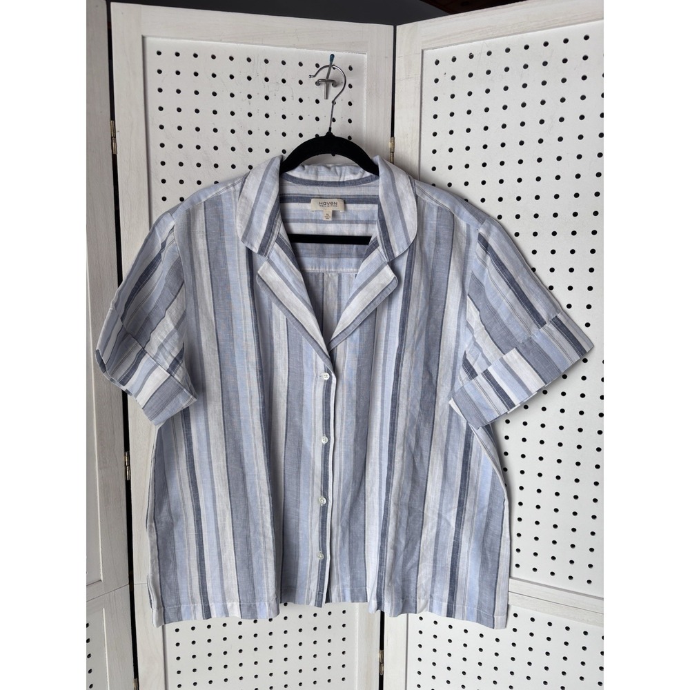 Haven Well Within‎ Short SLV Women's XL Striped Linen Organic Cotton Button Down